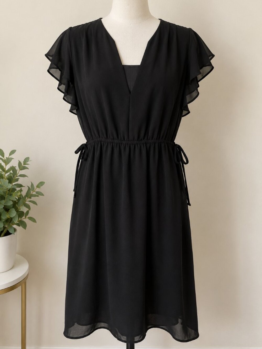 H&M Black Flutter Sleeve V-Neck Midi Dress Size 12
